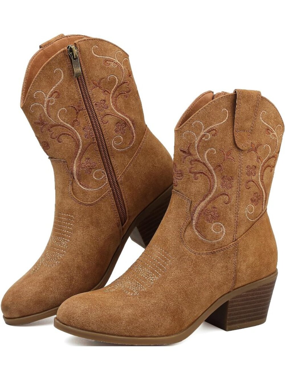 Women’s Western Short Cowgirl Ankle Boots Tan with Embroidered Side Zipper
